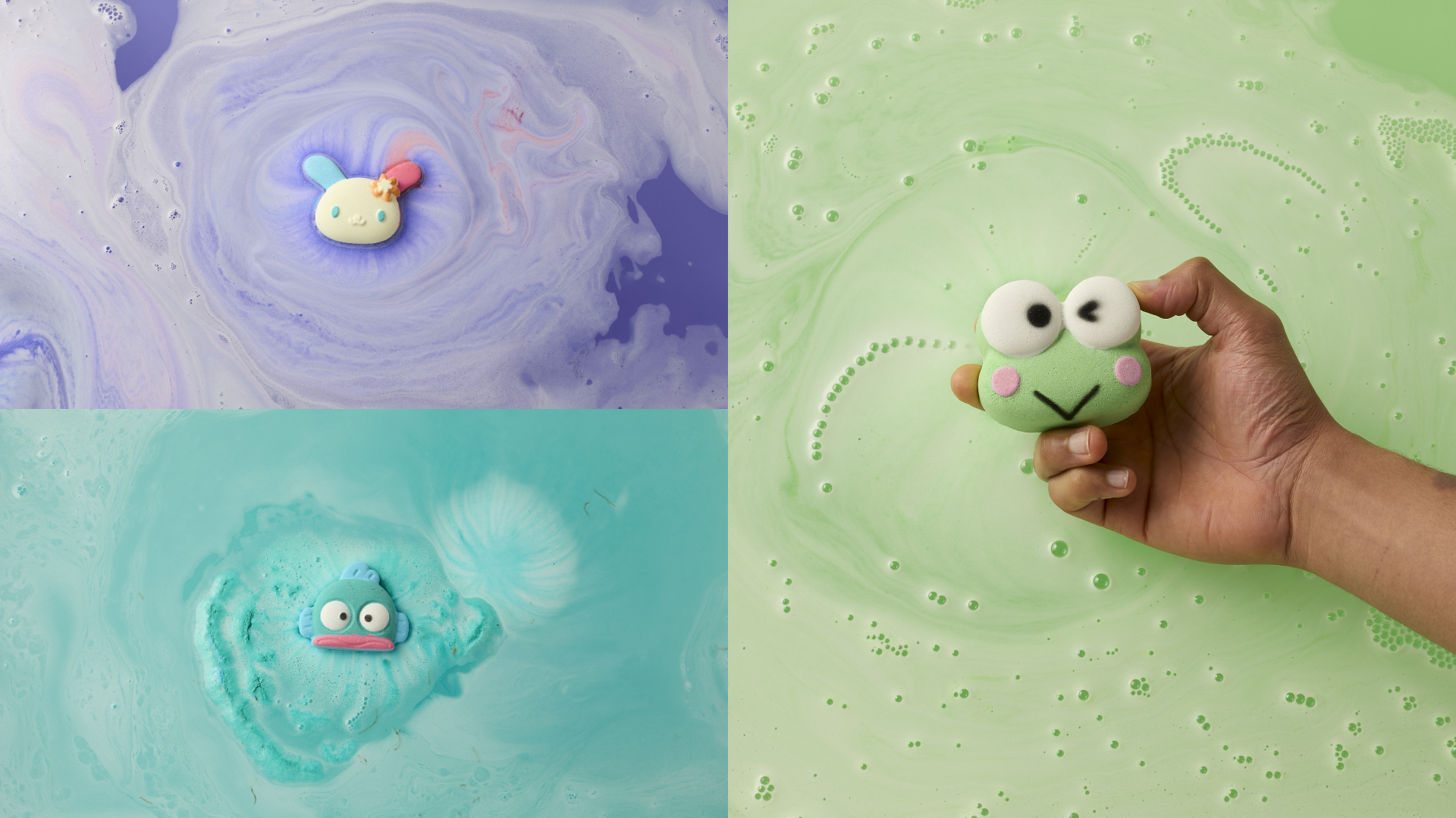 LUSH&times;Sanrio Characters人魚漢頓Hangyodon汽泡彈380元；大眼蛙汽泡彈380元；U・SA・HA・NA汽泡彈380元。圖片：品牌提供